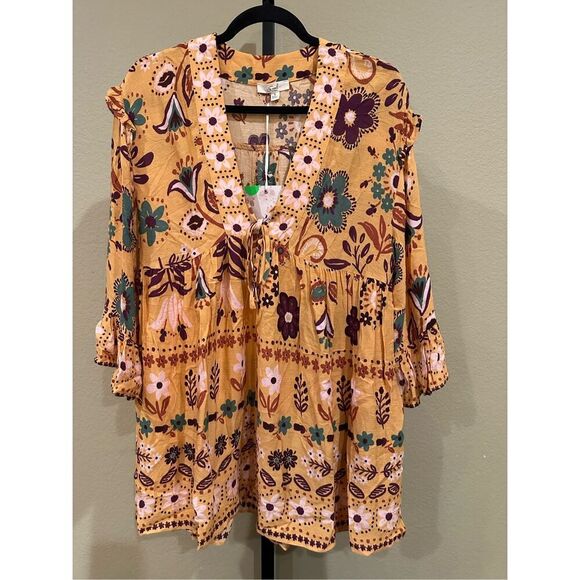 Easel Los Angeles Boho Mustard Yellow Multicolor Floral Babydoll Tunic Top Size - Picture 2 of 7